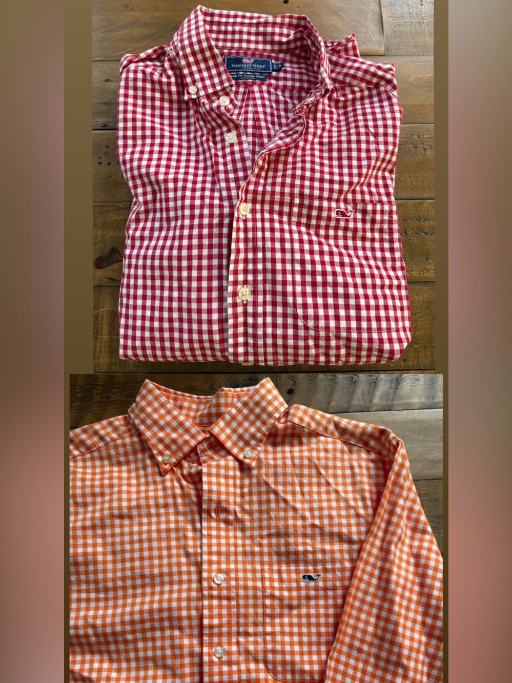 (2) men's vineyard vines small red + orange checkered classic fit shirts